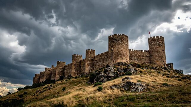 Ancient stone fortress wall with towers under dramatic cloudy sky forming historic medieval castle landscape