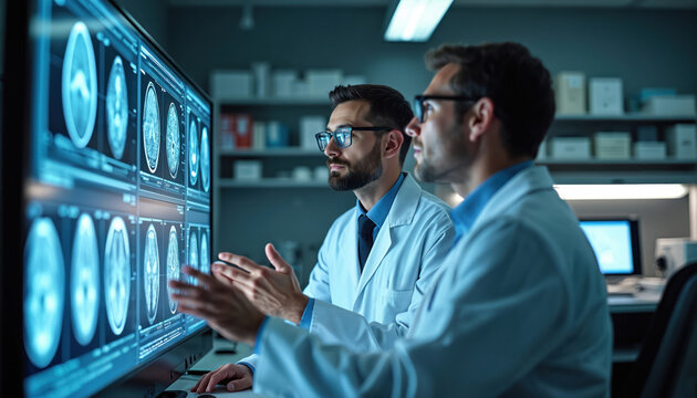 Two male doctors in lab coats review brain scans on large monitor. They discuss patient diagnosis using advanced tech. Medical professionals collaborate in modern research lab.