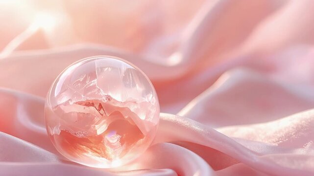 Pink crystal gemstone jewel sphere resting on soft pink satin fabric creating luxury jewelry display