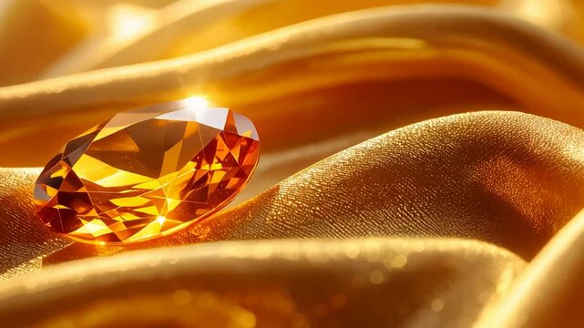 Golden topaz gemstone jewel glowing on bright gold satin fabric creating luxury jewelry background