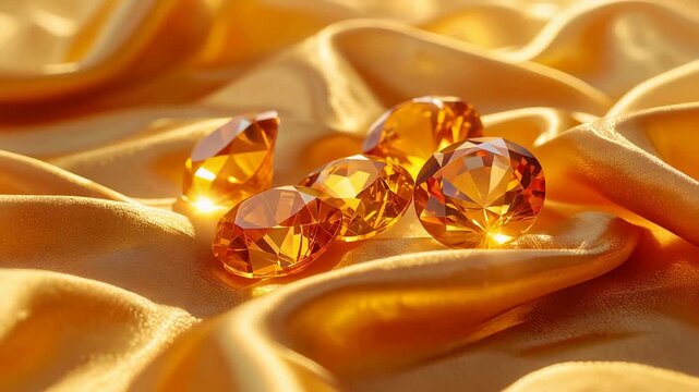 Brilliant citrine gemstone jewels resting on golden satin folds creating luxurious jewelry presentation