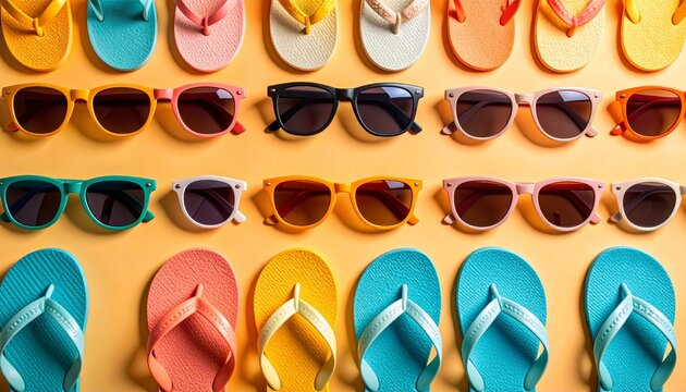 Vibrant summer essentials flat-lay, sunglasses and flip-flops seamless pattern evoking carefree beach vibes and endless vacation possibilities