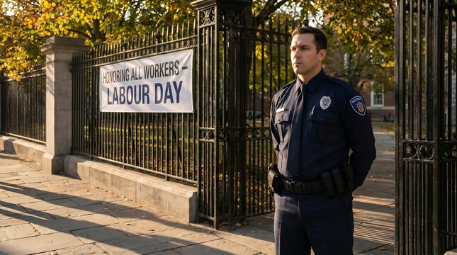 Security guard standing by labour day gate