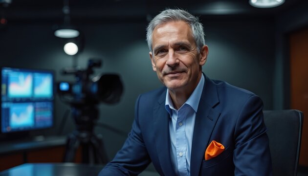 Mature man in suit sits in studio near camera, monitors. Professional host prepares for interview. Media pro looks at camera ready for broadcast. Television host works in news production. Confident