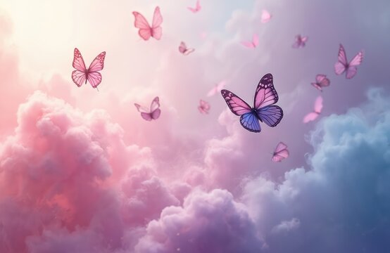 Pink, purple butterflies fly through soft pastel clouds, smoke. Delicate winged insects drift in dreamlike sky. Gentle colorful atmosphere creates magical mood. Peaceful nature scene with beauty,