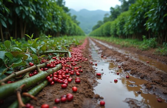 Red coffee cherries rubbish a muddy farm path after storm damage. Fallen branches and wet soil suggest harvest loss and difficult rural conditions. Rows of green plants recede into mist.
