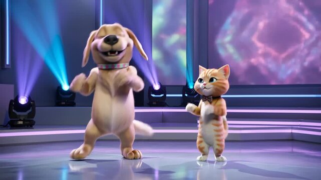 Anthropomorphic dog and cat characters dancing on stage. Cute animals performing choreographed moves under spotlights. Animated pets in show performance, entertainment concept for kids online media