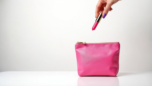 Woman hand with purple nails holds pink lipstick above open cosmetic bag. Makeup accessory rests on white surface. Beauty item placed in pouch. Prepare for party or event.