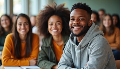 Fototapeta premium Happy diverse students sit in classroom. Young people smile during lecture. Friends learn together at university. Education, college life, friendship, studying.