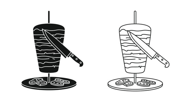 Doner kebab silhouette with knife and vegetables black and white