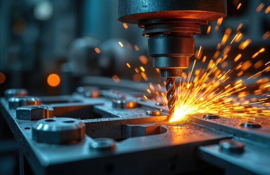 Metal drill bit spins fast, creating bright sparks while cutting into steel plate. Precision machining creates custom metal parts. Industrial manufacturing process in workshop.