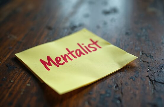 Yellow sticky note with the word Mentalist written in red ink on a dark wooden table. Simple message for communication or reminder.