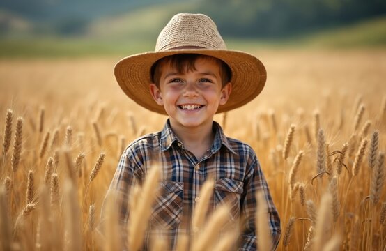 Young boy in straw hat, plaid shirt smiles in golden wheat field. Child stands amidst ripe cereal crop. Future farmer looks happy in sunny rural countryside. Harvest season concept. Organic food