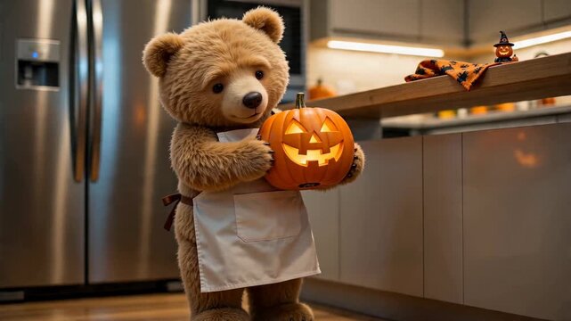 Cute anthropomorphic bear in apron holding glowing jack-o-lantern in kitchen. Halloween celebration preparation with small stuffed animal
