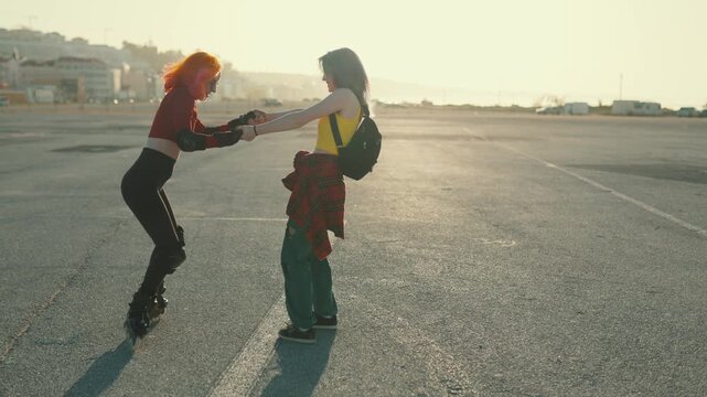 Young woman teaching friend inline skating