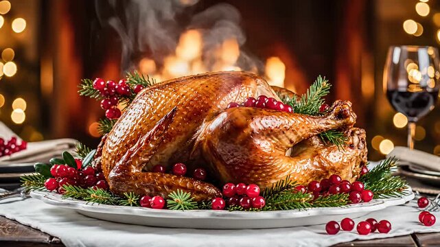 Hot roasted turkey on festive table with fireplace background