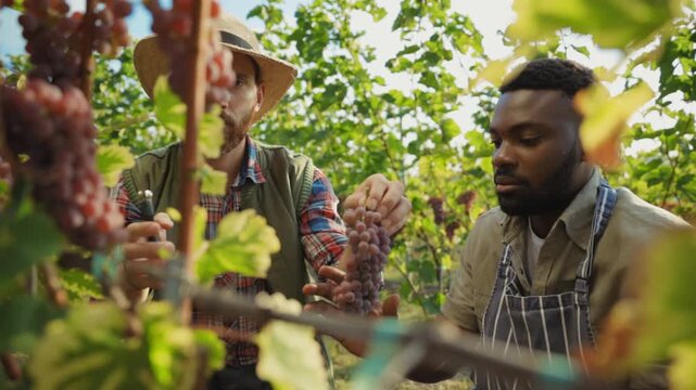Two dedicated farmers in a beautiful vineyard are inspecting ripe grapes beneath a sunny sky
