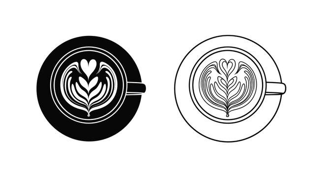 latte art in cup black and white line drawing