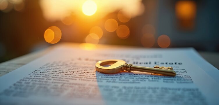Golden key lies on real estate document at sunset. Sun flares create warm glow, symbolizing property ownership success and future opportunity. Investment and contract concepts.