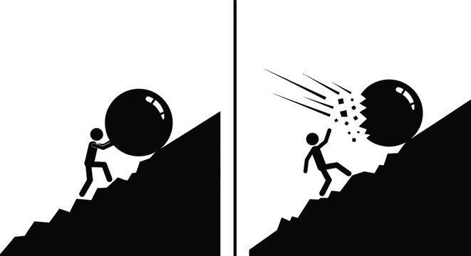 Symbolic representation of a person's struggle to overcome a major obstacle, leading to ultimate collapse.