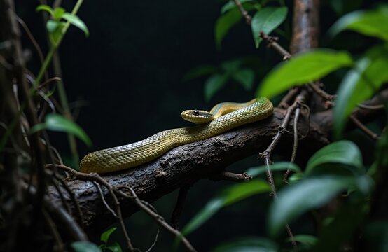 Green bronzeback snake rests on tree branch at night. Reptile with scaly skin in dark jungle. Wildlife animal in natural habitat, outdoor shot.