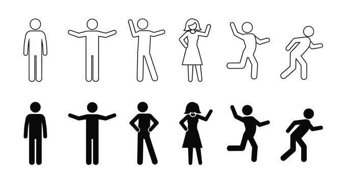 Collection of simple black and white stick figure icons depicting various human poses and actions