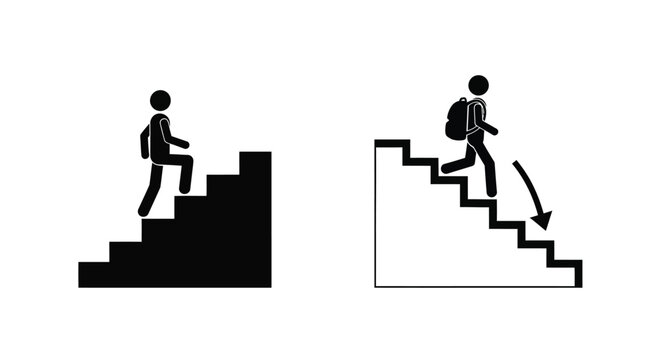 Stick figure person walking up stairs on the left and down stairs with backpack on the right