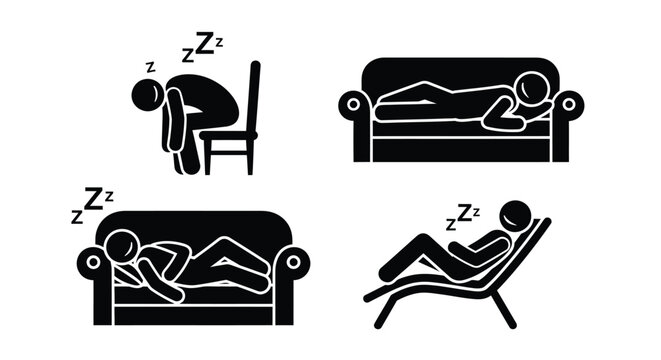 Stick figures depicting people resting and sleeping in various positions on chairs and comfortable sofas
