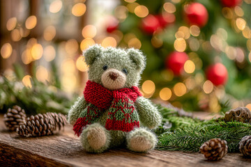 Fototapeta premium Cozy knitted teddy bear with red and green scarf sitting on wooden surface surrounded by pine cones and festive decorations with warm holiday lights background