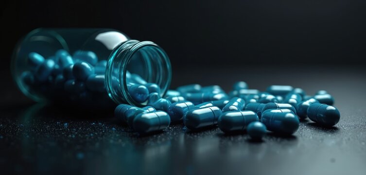 Blue capsules spill from overturned bottle onto dark surface. Pile of pills suggests overdose or addiction issues. Medical treatment context.