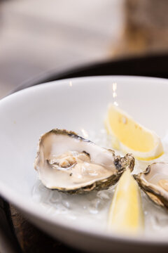 oysters served with lemon over ice in white bowl