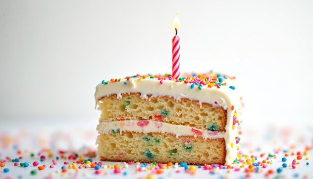 Slice of funfetti cake with white frosting and colorful sprinkles. A single lit birthday candle sits on top, against a clean white backdrop with scattered sprinkles.