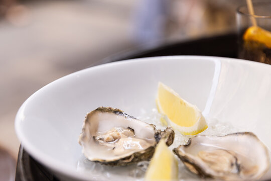 oysters served with lemon over ice in white bowl
