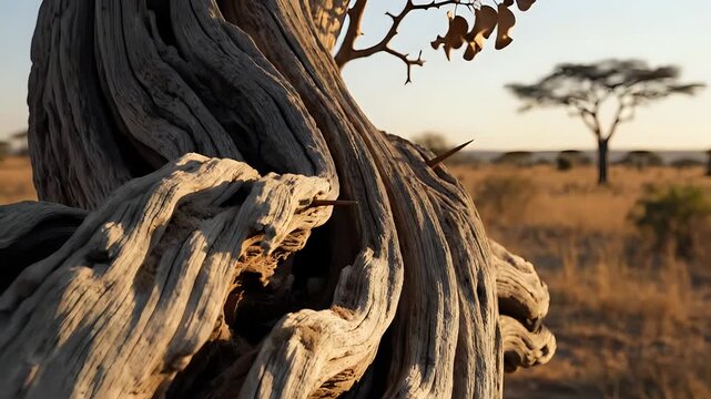 Ancient gnarled tree stump in the African savanna at sunset.