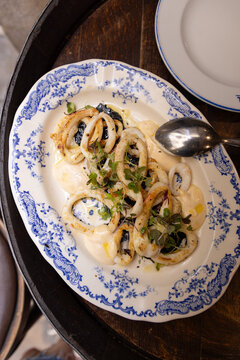 dish of Catalonian squid with house made aioli, squid ink, and micro greens on traditional ceramic plate