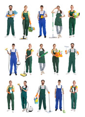 Fototapeta premium Cleaning service workers with supplies. Collection of portraits on white background