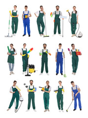 Obraz premium Cleaning service workers with supplies. Collection of portraits on white background