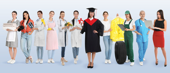 Obraz premium Graduate student and women of various professions on color gradient background. Career choice