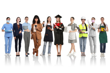 Obraz premium Choice of profession. Graduate student and women of various occupations on white background
