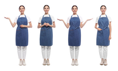 Obraz premium Woman wearing blue denim apron on white background. Collection of portraits