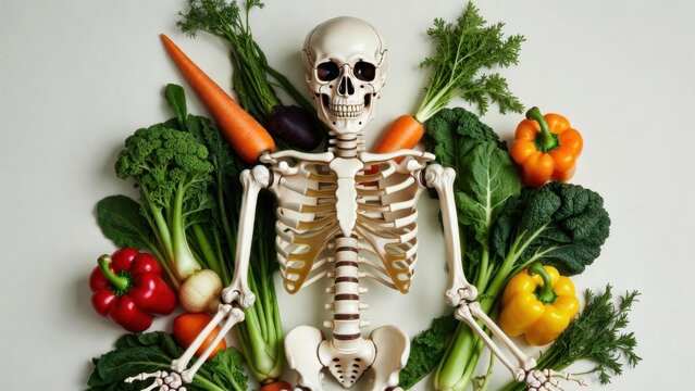 White skeleton sits calmly amid vibrant vegetables