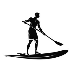 Fototapeta premium Man balancing on paddleboard while using paddle in calm waters. Dynamic movement of man on paddleboard illustrates water sport activity and balance.