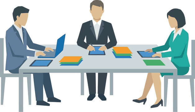 Business people sit around a boardroom table while working on their individual digital tablet devices.