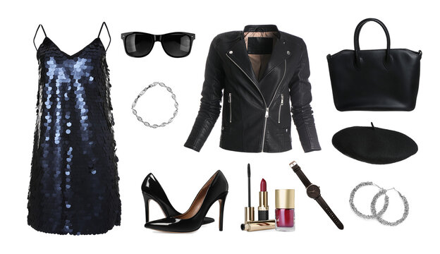 Collection with women's clothes, shoes and accessories for fashionable look on white background