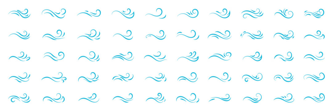 Hand drawn wind motion doodle vector set, abstract swirl, air blow, and smoke flow sketch lines illustrating movement, airflow, speed, and dynamic effects for design elements and backgrounds