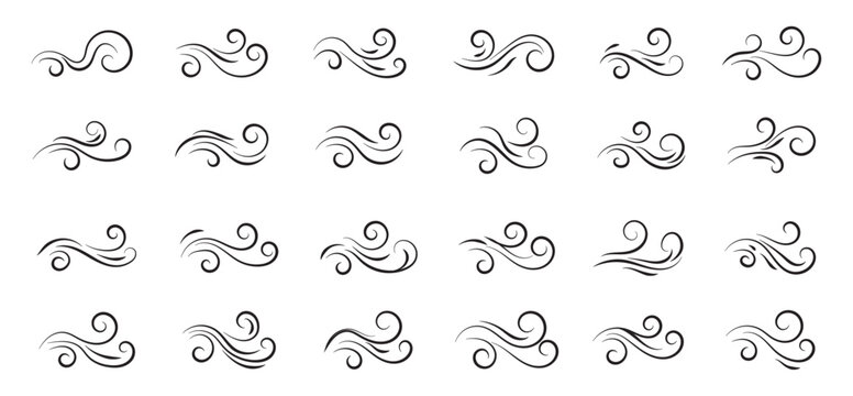 Strong wind line icon set. Windy weather, Airflow, wind flow symbol. Natural wind icons. Windy blow logo, label, badge, sticker, symbol, emblem, stamp, black, line, flat vector isolated illustration.