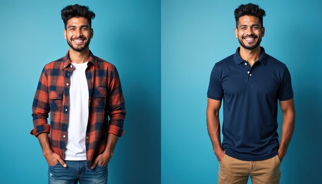 Young hispanic man shows style change. Left side shows casual plaid shirt and jeans. Right side shows neat polo shirt and khakis. People compare looks, choose outfits.