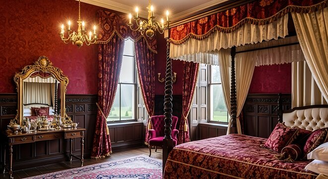 This magnificent royal bedroom is a testament to opulent traditional design, featuring rich red and gold damask wallpaper that envelops the space in grandeur. A majestic four-poster canopy bed, adorne