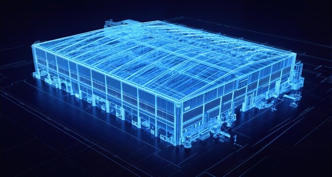 An advanced warehouse where fulfillment is automated through predictive algorithms and big data, enhancing distribution and tracking efficiency. The style of the blue print drawing is future, in blue 