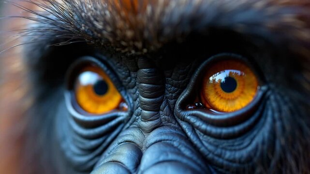 Macro image of primate face with expressive amber eyes and textured skin in dramatic lighting